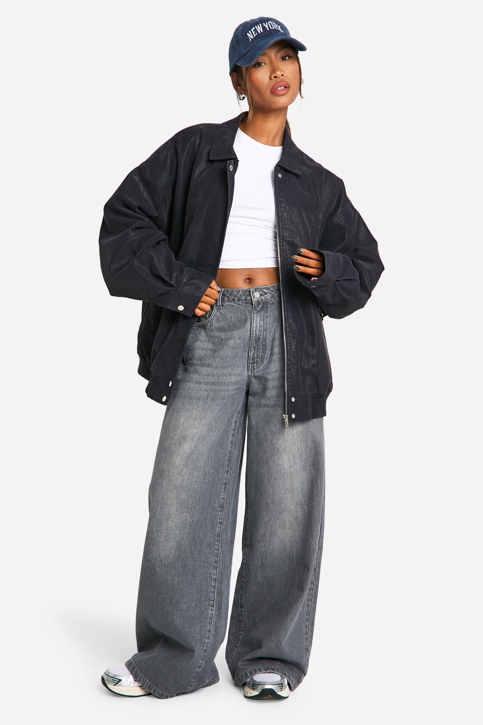 Vintage Look Faux Leather Oversized Bomber Jacket | boohoo UK